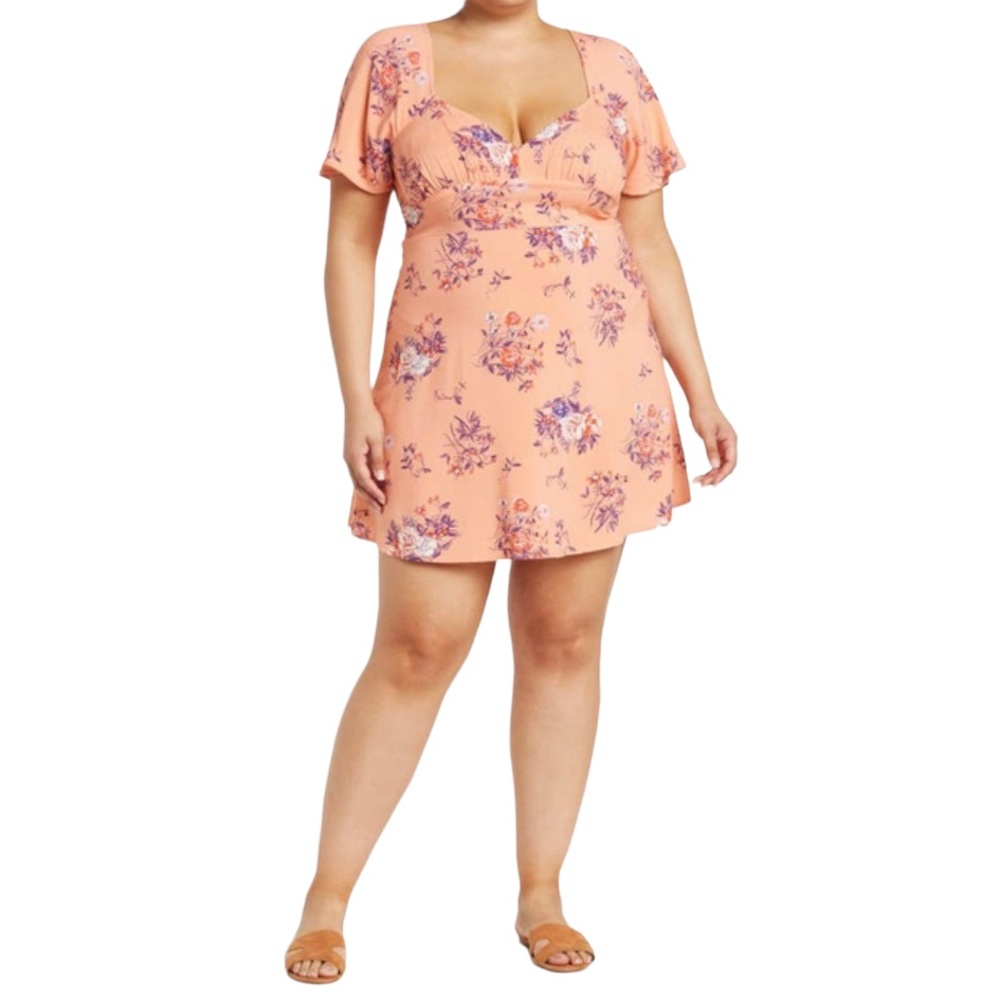 Abound Floral Skater Mini Dress 4X Peach Pink Purple Aster Bouquet NWT